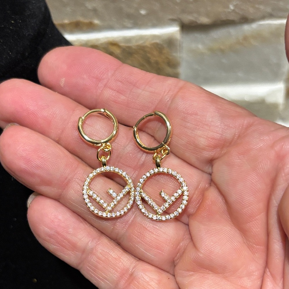 Elegant Fendi Gold Hoop Earrings with Crystal Accents - Picture 2 of 5